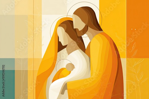 Stylized depiction of the Holy Family with halos, rendered in warm, abstract geometric shapes and colors