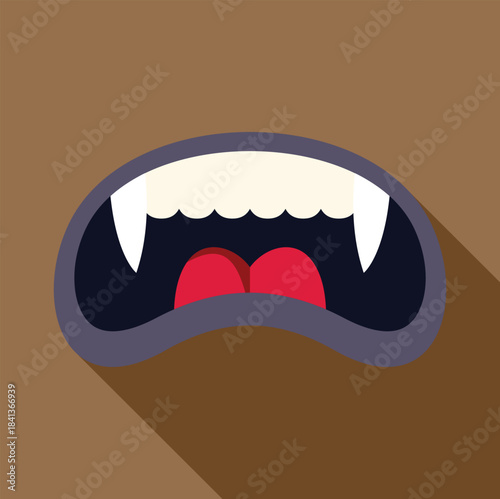 Open monster mouth showing tongue and sharp teeth, roaring and threatening, on a brown background