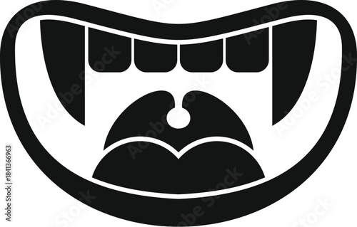 Scary vampire mouth showing tongue and teeth baring fangs, simple icon in black and white