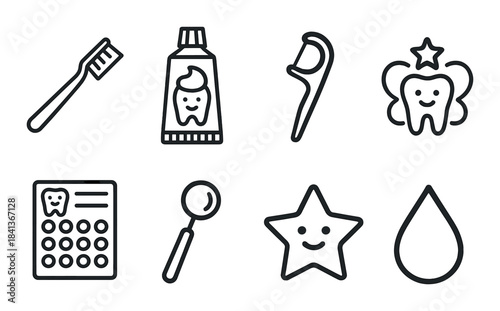 Dental care icons: toothbrush, toothpaste, floss, tooth fairy, dental chart, magnifier, smiling star, drop