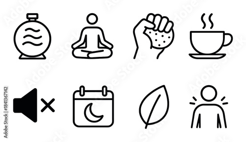 Relaxation icons collection: aromatherapy, meditation, stress relief, tea, silence, calendar, nature, wellness