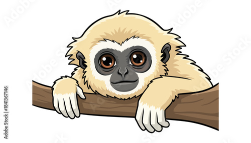 Cute Lar Gibbon Cartoon Character Peeking Over Tree Branch White Handed Gibbon Forest Wildlife Art