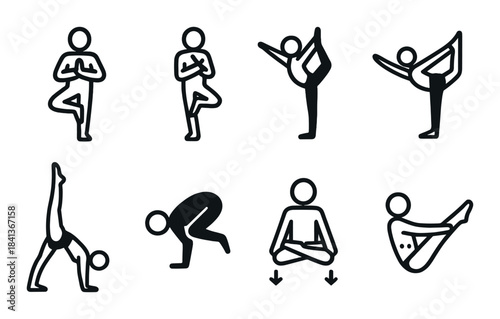 Human silhouette yoga poses: balance, flexibility, and strength icons