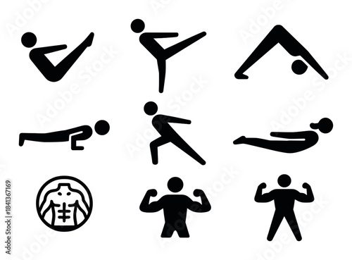 Icon set of bodyweight exercise poses and fitness symbols