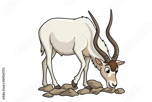 Addax antelope cartoon character grazing on rocks in desert wildlife illustration