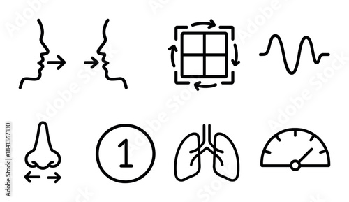 Icons representing breathing, direction, measurement, and geometrical concepts