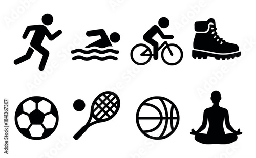 Silhouettes of athletic activities and sports equipment icons