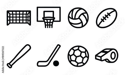 Icons of popular sports equipment and gear: soccer, basketball, volleyball, rugby, baseball, hockey, football, whistle