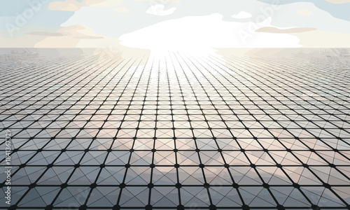 Futuristic digital grid landscape with connected nodes under cloudy sky representing data networks and virtual environments