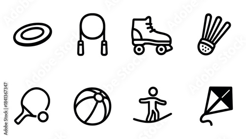 Collection of sport and recreation icons: frisbee, jump rope, roller skate, shuttlecock, ping pong paddle, beach ball, surfboard, kite