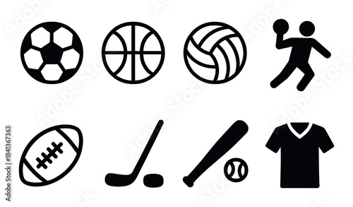 Sports icon set with soccer, basketball, volleyball, football, hockey, baseball, jersey, athlete