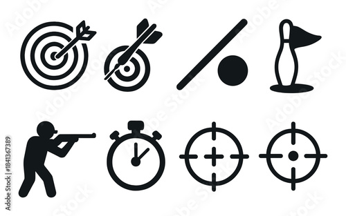 Dark sports and target icons set featuring archery stopwatch and shooting symbols