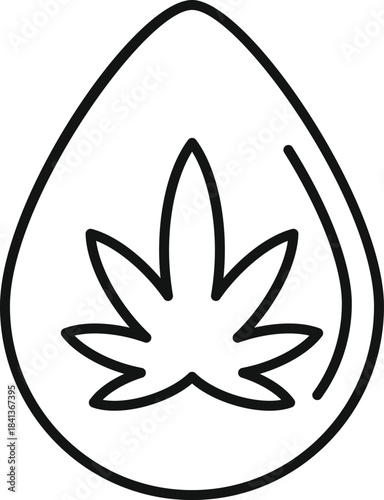 Line art icon featuring a cannabis leaf inside a single liquid drop, representing oil extract