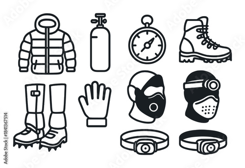 Essential mountaineering gear icons: jacket, oxygen, stopwatch, boots, mask, headlamp