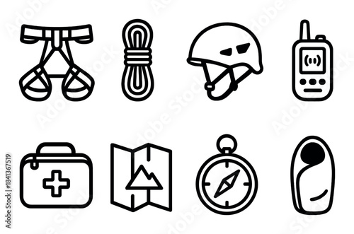 Essential climbing gear icons: harness, rope, helmet, radio, first aid, map, compass, sleeping bag
