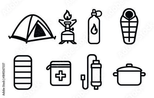 Camping gear icons: tent, stove, sleeping bag, water filter, cookware, first aid kit