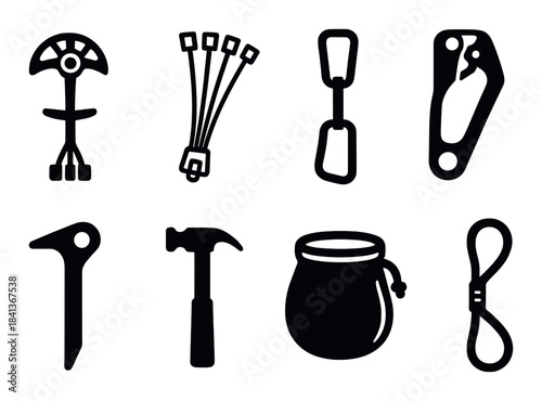 Silhouettes of climbing gear: cam, quickdraw, carabiner, hammer, rope reel