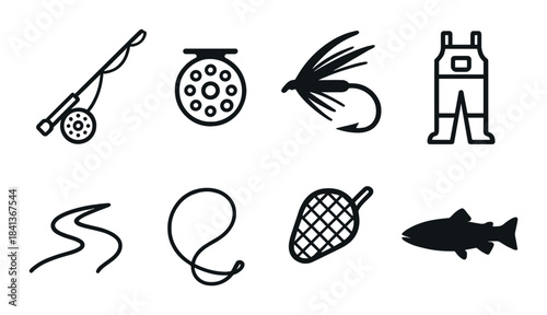 Fishing equipment symbols: rod, reel, fly, waders, line, net, fish icon set