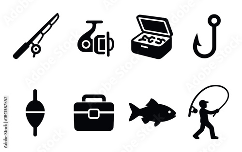 Fishing equipment icons: rod, reel, tackle box, hook, float, toolbox, fish, angler silhouette