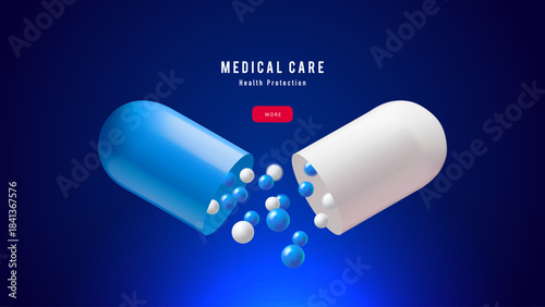 Background with realistic 3d capsules. Medical, pharmacy, healthcare, hospital, clinic, telemedicine, insurance, biotechnology concept. Vector illustration.