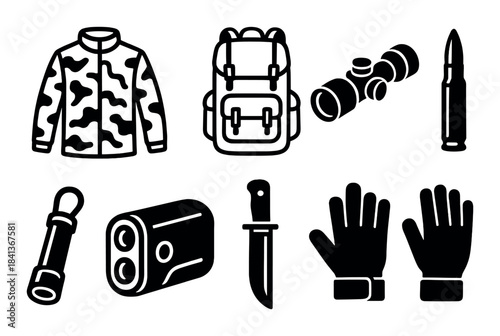 Essential hunting gear icons: camouflage jacket, backpack, binoculars, knife, and gloves set
