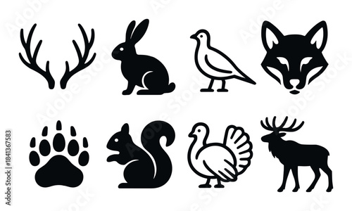 Silhouetted wildlife icons: deer, rabbit, bird, wolf, bear, squirrel, turkey, moose