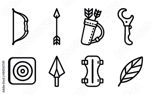 Archery equipment icons: bow, arrow, quiver, target, feather, release aid, broadhead