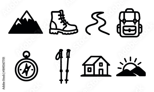 Outdoor adventure icons: mountain, hiking gear, compass, trail, camping, sunrise