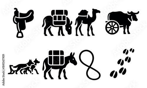 Silhouette icons of pack animals and equipment