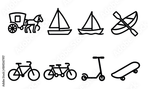 Silhouettes of various transportation modes: horse carriage, boats, bicycle, scooter, skateboard