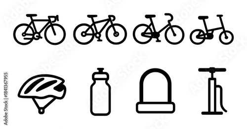 Bicycle types and accessories: bikes, helmet, water bottle, pump icons