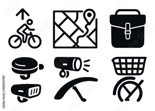 Bicycle icons: map, bell, basket, briefcase, and accessories on dark background