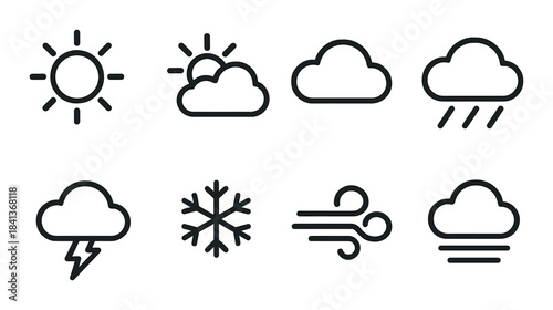 Minimalist weather icons set: sun, clouds, rain, snow, wind, thunderstorm