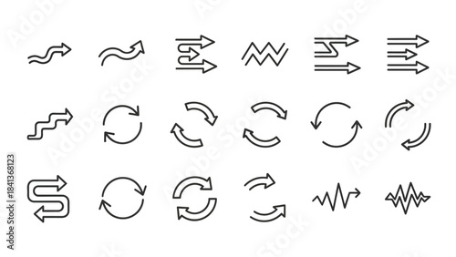 Set of 18 thin line icons representing various types of arrows, including curved, zigzag, repeating, and flow direction indicators