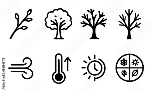 Nature and weather icons: trees, branches, wind, temperature, seasons