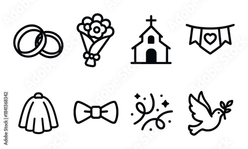 Wedding symbols: rings, flowers, church, and celebration icons set
