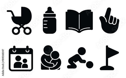 Baby icons set: stroller, bottle, book, hand gesture, calendar, family, crawling child, flag