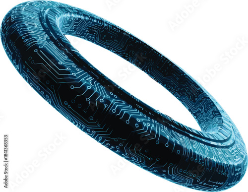 Futuristic glowing digital circuit torus shape representing advanced technology, cyber innovation, and modern high-tech data infrastructure design