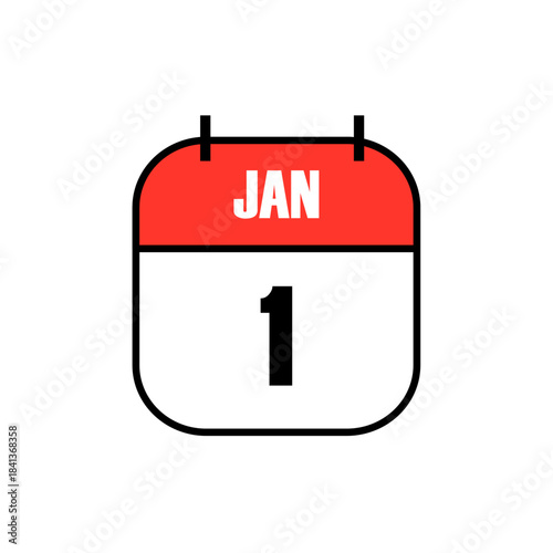 Red and white calendar icon showing January 1 in bold black font, symbolizing New Year’s Day celebration and the beginning of a fresh calendar year worldwide