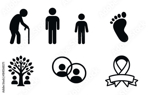 Icons representing aging, family dynamics, and human connection