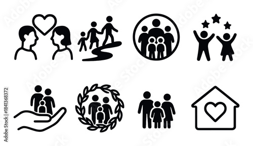Icon set depicting family and community themes in various styles