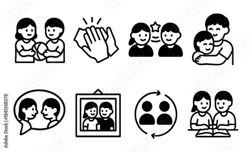Icons of friendship and activities featuring pairs of animated characters