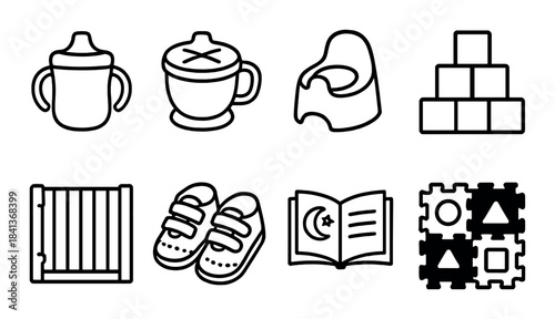 Baby essentials icons set: sippy cup, bowl, potty, blocks, gate, shoes, book, puzzle
