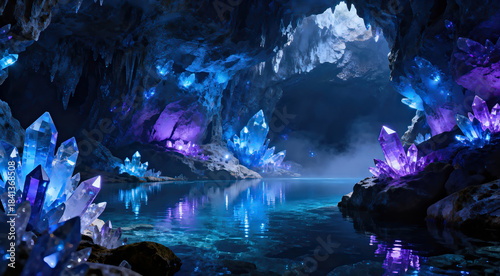 Blue crystal cave with glowing ice crystals and serene water reflections