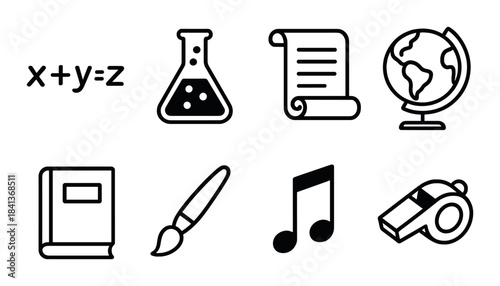 Educational icons featuring math, science, history, geography, art, music, and sports