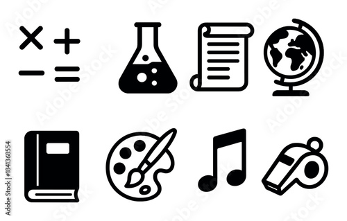 Educational icons: math, science, history, geography, reading, art, music, sports