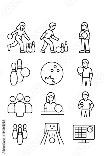 Set of simple line icons depicting bowling activity, equipment, players, and scoring elements