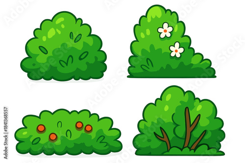 Collection of stylized green garden bushes and decorative shrubs with flowers and berries