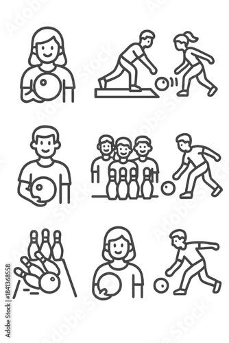 Set of bowling game icons featuring players, pins, and balls in various actions