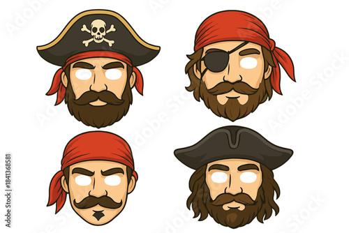 Cartoon pirate heads set with facial hair, eye patches, and buccaneer headwear